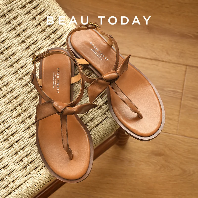 

BEAUTODAY Gladiator Sandals Women Calfskin Leather Back Buckle Open Toe T-Strap Knot Flats Casual Retro Roman Ladies Shoes 32478
