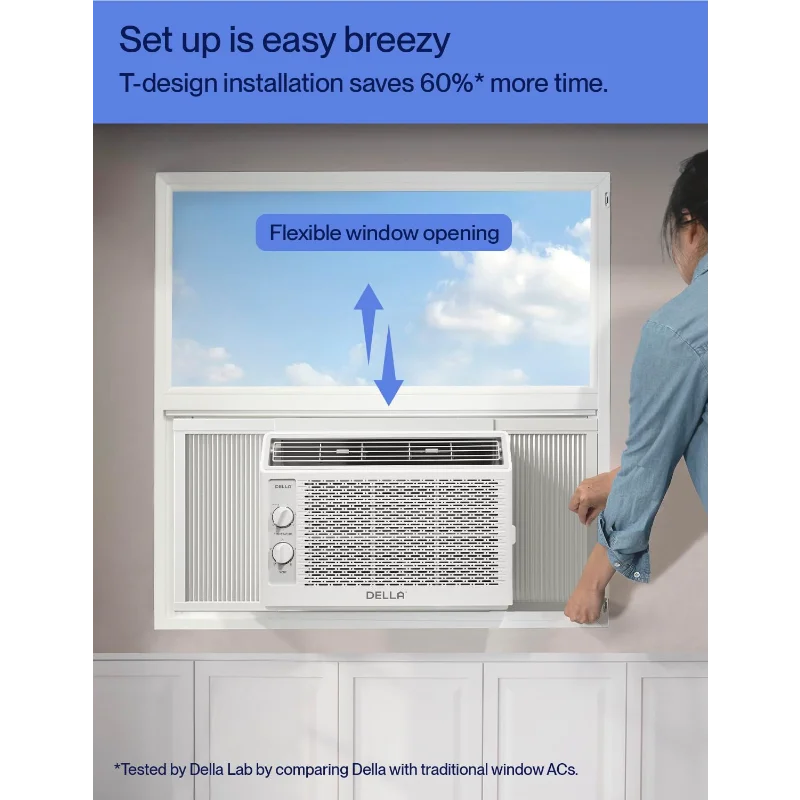 DELLA Window Air Conditioner, Reusable Filter, Easy Install Kit, 5000 BTU Cools Up To 150 Sq. Ft, Energy Saving AC Unit