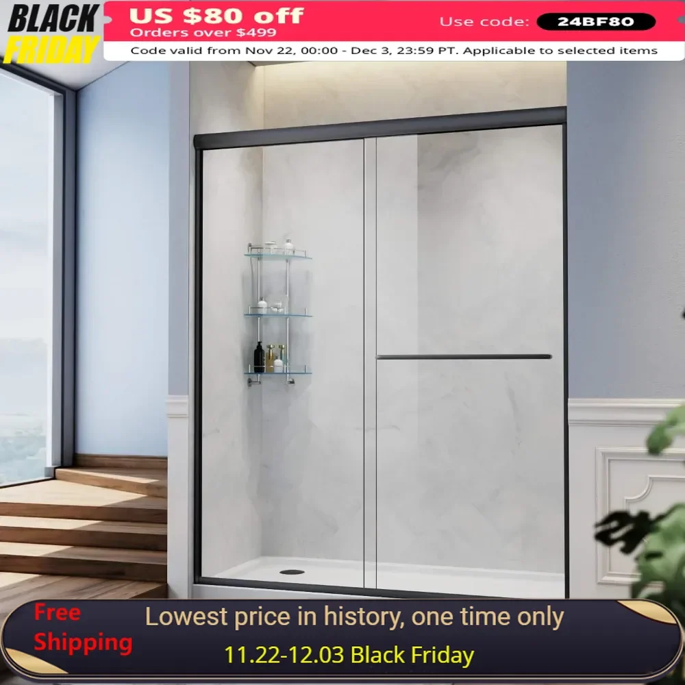 

54" X 72" Shower Doors, 1/4" Clear Glass, Stainless Steel Hardware, Black Finish, Bypass Glass Door, Semi-Frameless Shower Doors