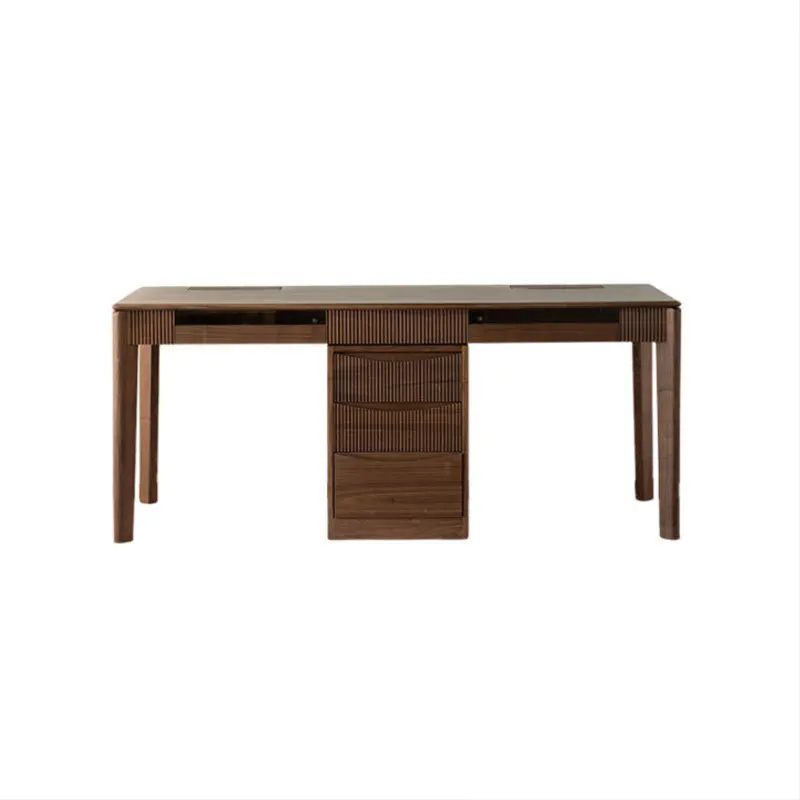 

Nordic black walnut all solid wood desk double light luxury modern computer bookcase integrated learning to write