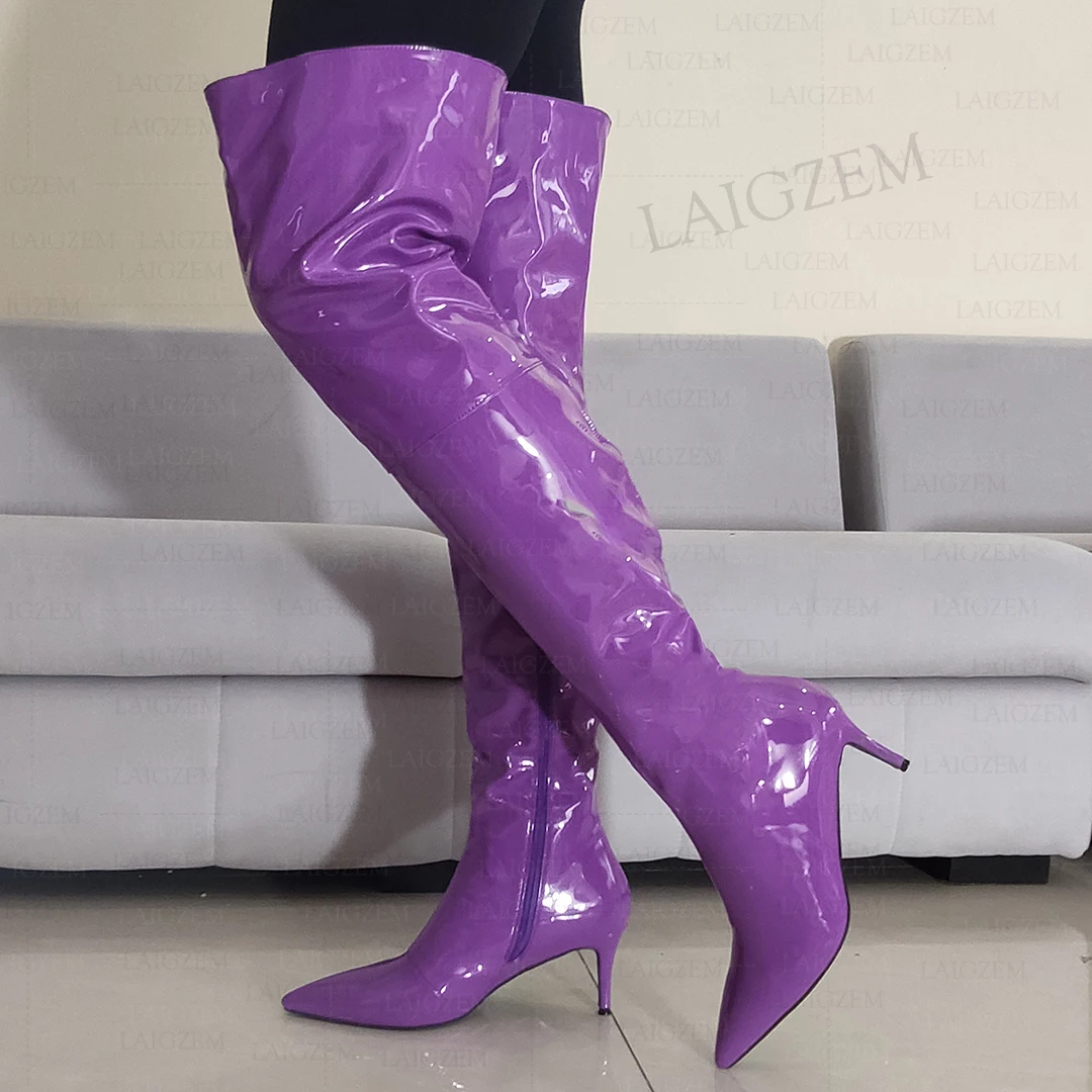 SEIIHEM Women Thigh High High Boots Mid Thin High Heels Shiny Wetlook Over Knee Boots Ladies Shoes Woman Big Size 36 39 43 45 47