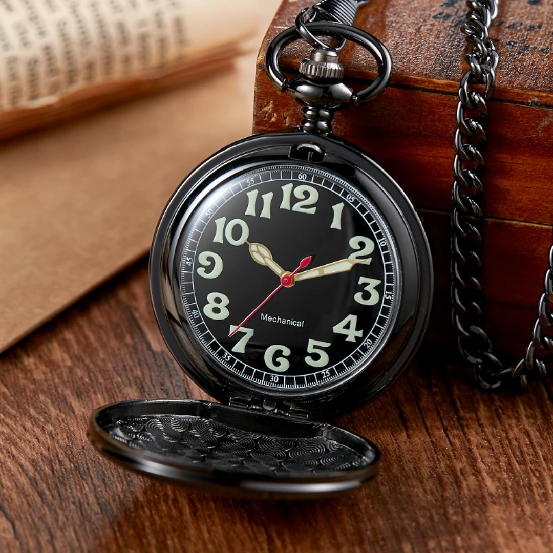 

Black Pocket Watch Necklace Vintage Smooth Steampunk Retro Mechanical Pocket Watch Pendant Chain Clock Women Men Gift