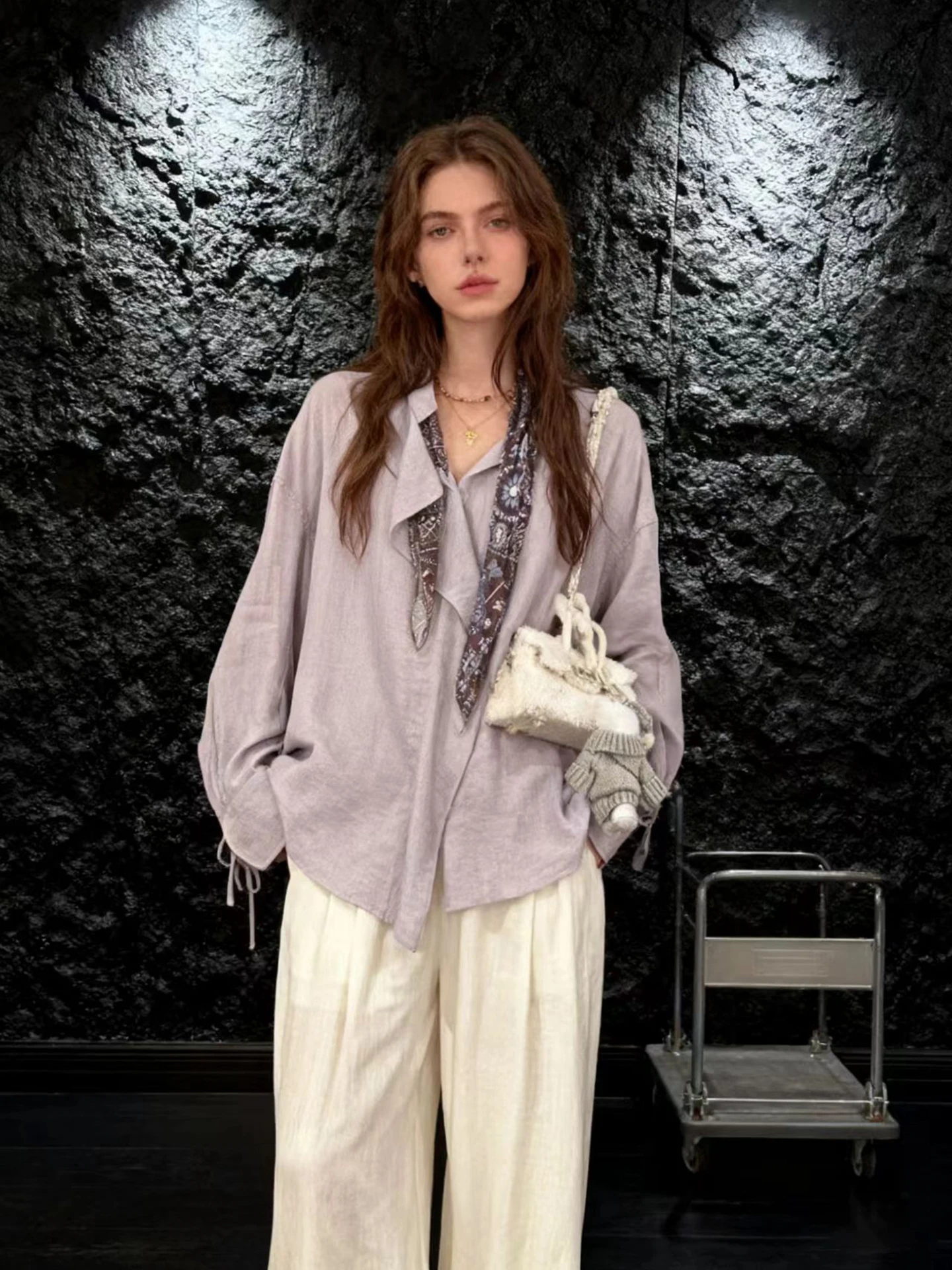 HUAAPPUW Gentle Style Detachable Silk Scarf Light Purple Loose Women's Shirt Lazy Fashion Autumn Winter New Arrival