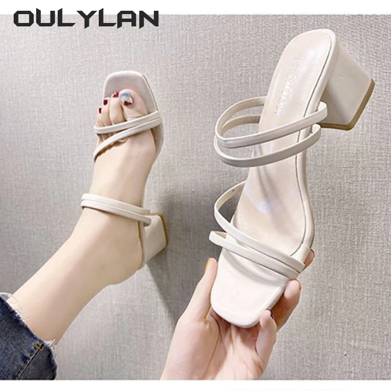 2024 Fashion Women Sandals Ladies Square Heel Elegant Summer Slippers Outside Cross Tied Leather Female Slides Woman Sandals