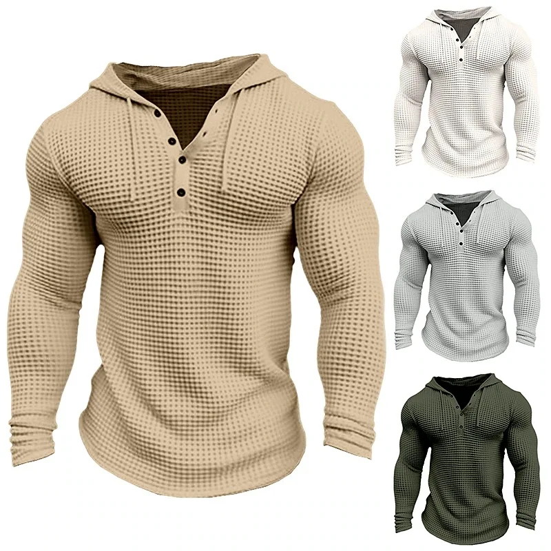 Men\'s Pullover Casual Long Sleeve T-shirt Waffler Slim Tops sweat-shirt Solid Color Comfortable Mens Outdoor Streetwear M-3XL