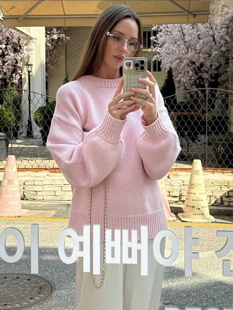 Sweet Pink Women Kintted Pullover Elegant Solid Round Neck Long Sleeve Loose Sweater Lady Autumn Daily Commute Office Pullovers