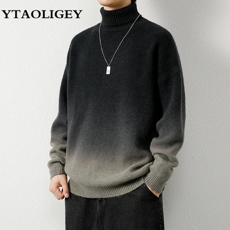 New High Quality Mens Turtleneck Sweater Autumn Winter Fashion Gradient Knitted Pullover Men Jumper Casual Warm Comfortable Tops