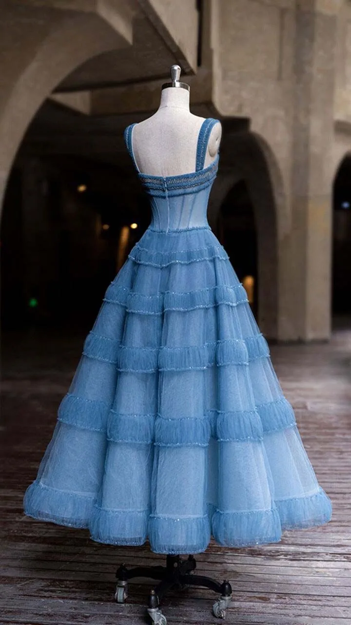 Blue Prom Dresses Beaded Spaghetti Strap A Line See Through Ruffled Vestidos De Formature