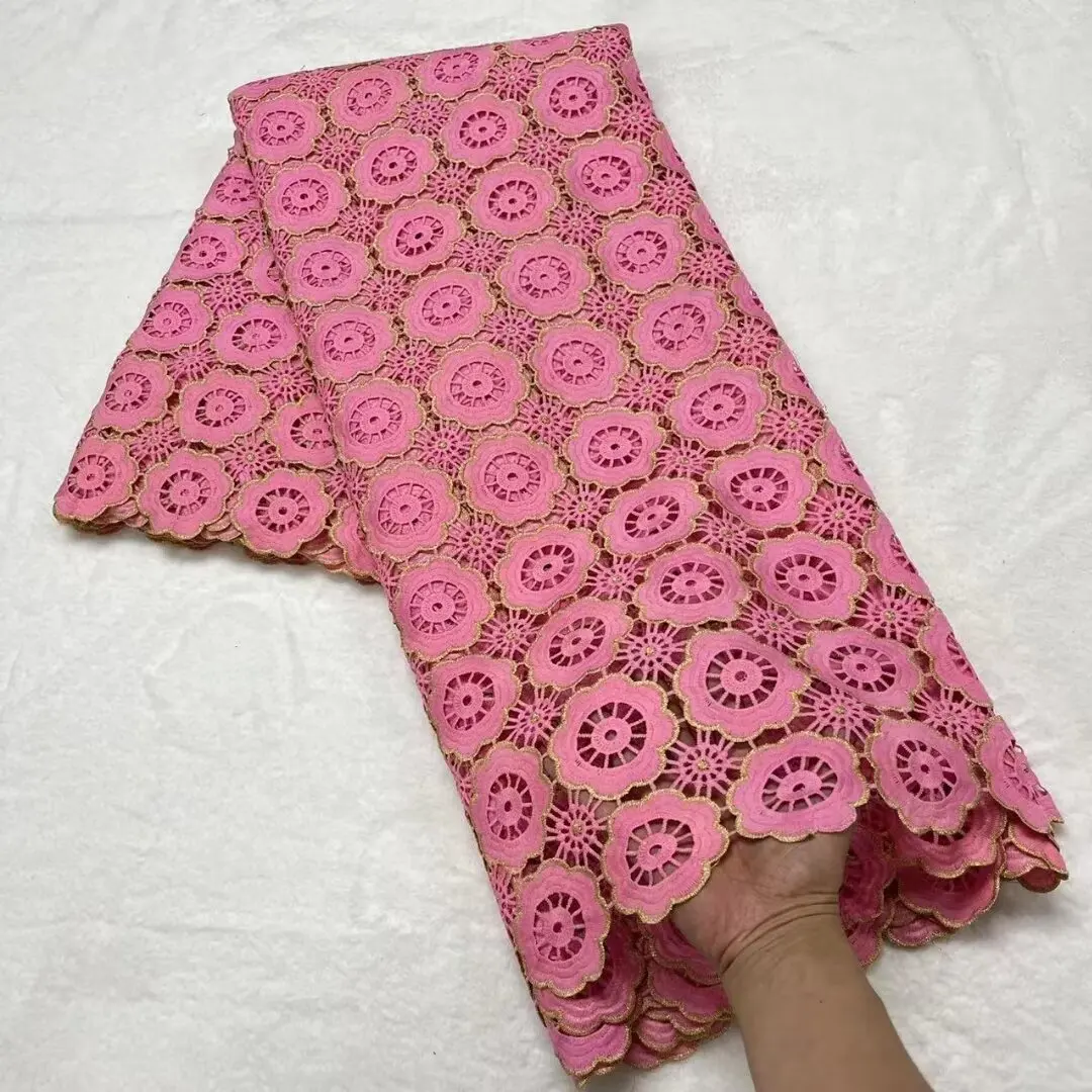 5Yards/Lot Wonderful Pink Guipure Lace African Water Soluble Fabric Flower Style Embroidery For Dressing LS65