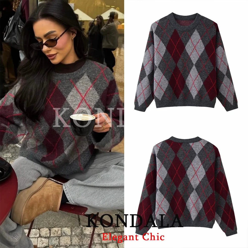 

KONDALA модный свободный вязаный свитер с ромбами, женский свитер с круглым вырезом, весна-осень 2026, модный универсальный уличный женский свитер