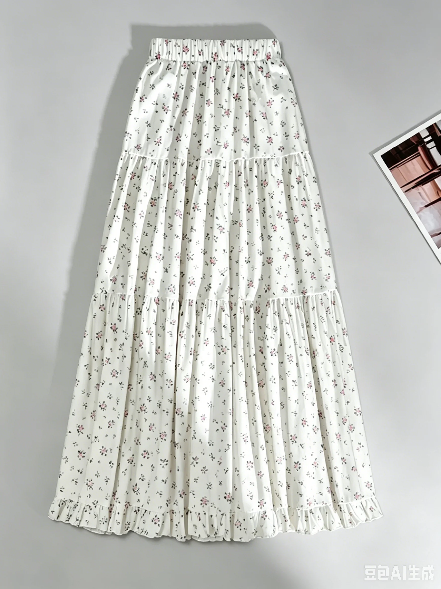 White Ditsy Pink Floral Tiered Skirt Elastic High Waist Ruffle Hem Cake Swing Long Skirt Cottagecore Summer Beach Casual A Line