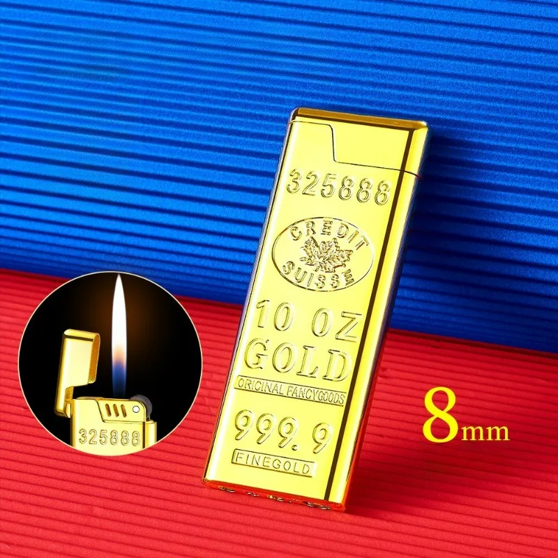 Ultra Thin Gold Bar Design Windproof Open Flame Butane Gas Lighter Classic Grinding Wheel Ignition Outdoor Portable Igniter 8mm - Image 3