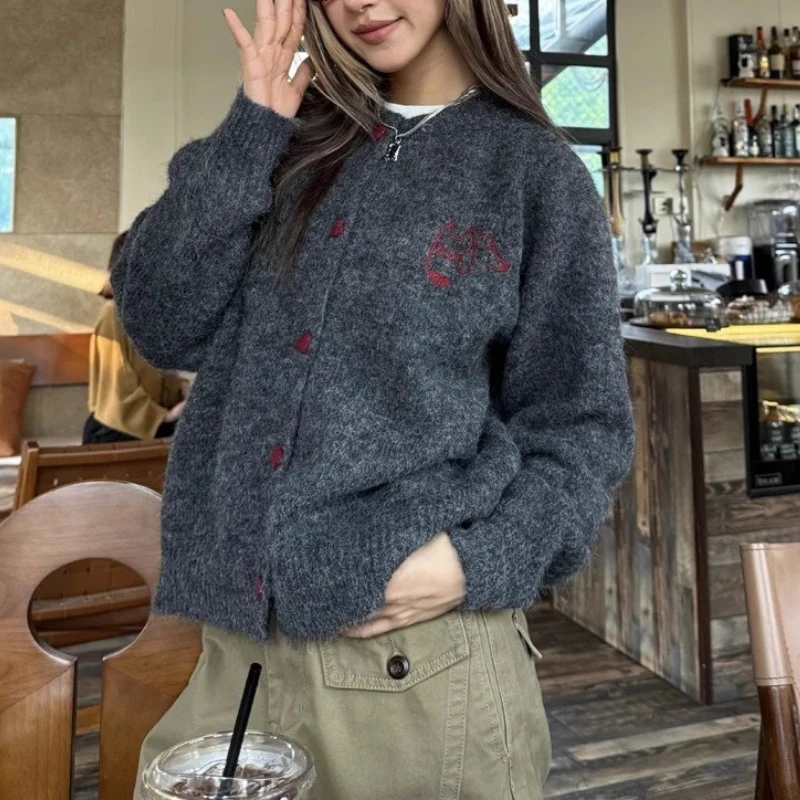 Cardigan Women Coats Sweaters Knitted Round Neck Print Coat Jumpers Y2k Streetwear Elegant Splice Knit Open Stith Autumn Winter