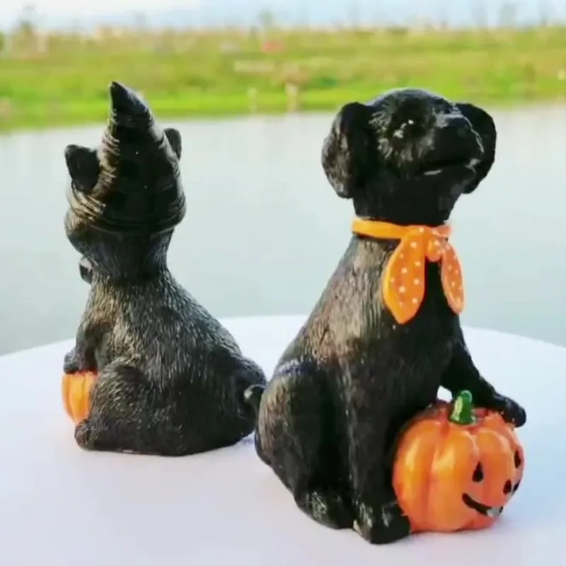 Halloween Magic Black Cat Sculpture Lawn Gnome Figurine Desktop Craft Horror Statue Home Garden Yard Carnival Holiday Decor Gift