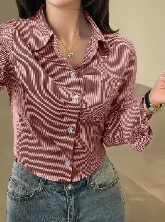 

Women Striped Shirt 2026 Spring New Pocket Design Turn-Down Collar Long Sleeved Casual Versatile Casual Crop Shirt Top
