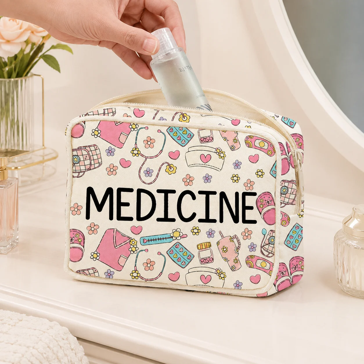 Cute Floral Medicine Bag, Large Capacity Zipper First Aid Organizer for Women, Travel, Home, School, Camping & Emergency image 2