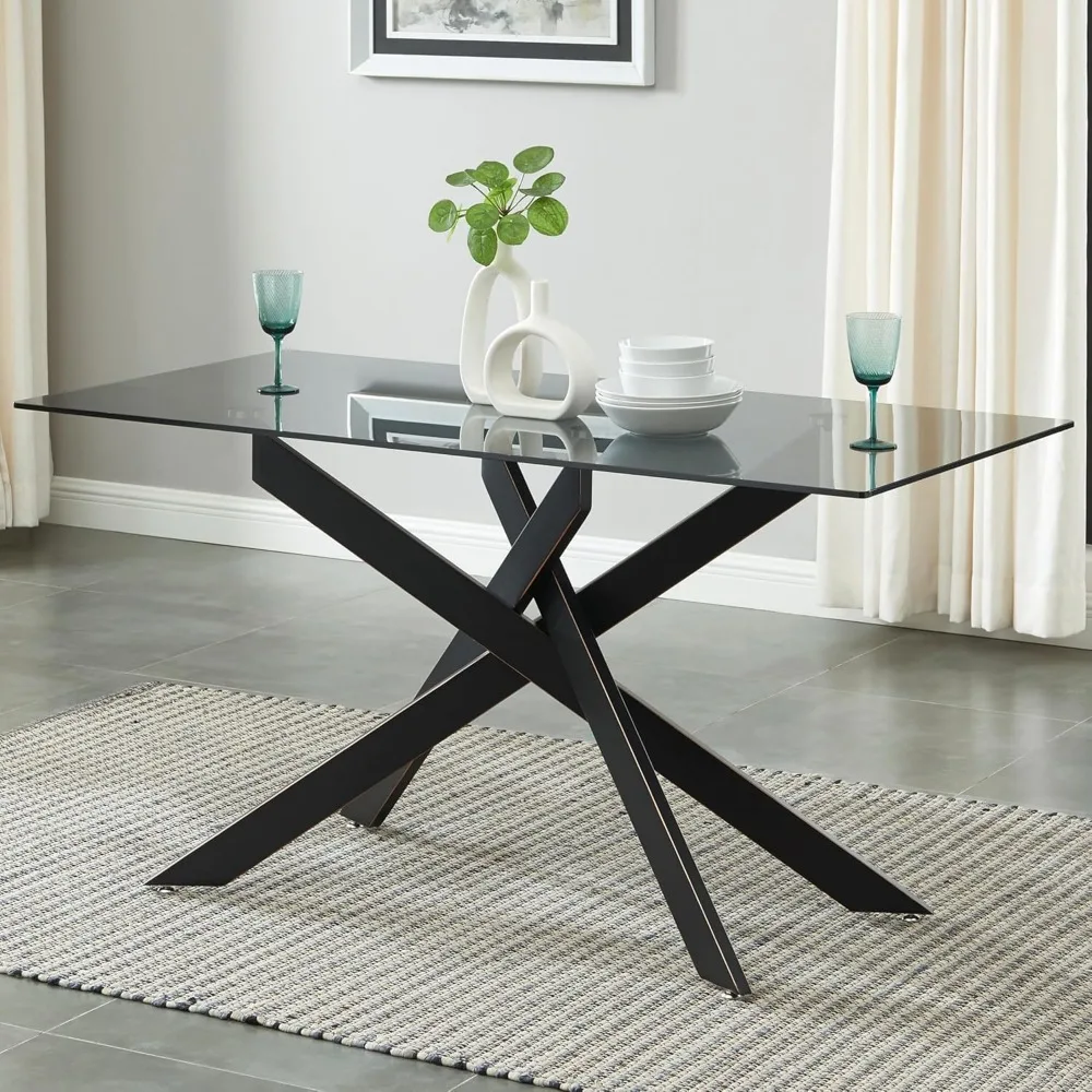 Modern Style Dining Table with Gray Tempered Glass Top and Black Metal Tubular Legs