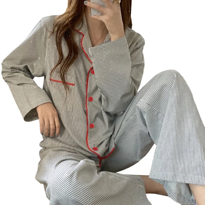 Simple Striped Pajamas for Women Long-sleeved Cardigan Girls Clothes Suit Women\'s Paiamas Nightwear Nightie Spring and Autumn