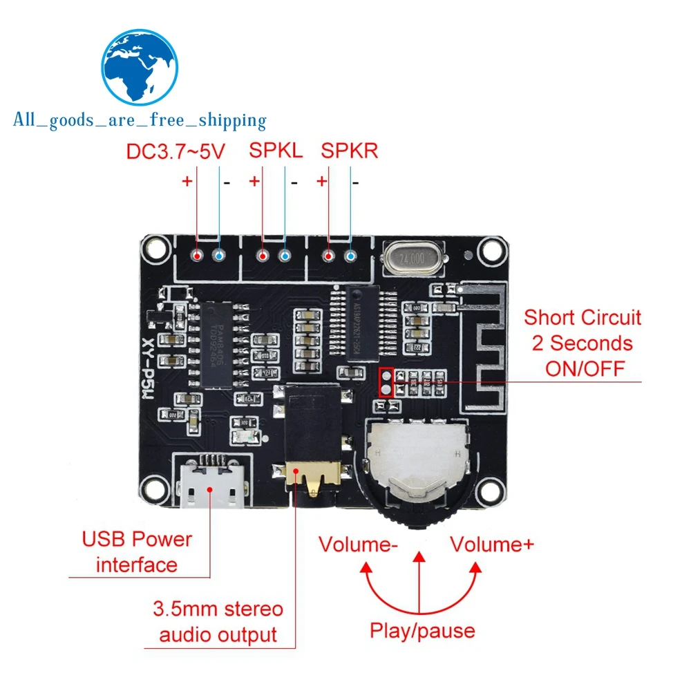 TZT 5W+5W PAM8406 Bluetooth 5.0 DC3.7-5V stereo audio power amplifier module  XY-P5W for Arduino diy kit