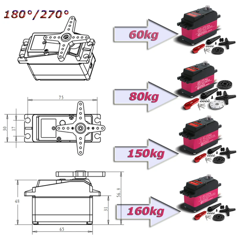 

Цифровой сервопривод RC 60 кг 80 кг 150 кг 160 кг 180 ° /270 ° Сервопривод с высоким крутящим моментом 12/24 В для FPV Drone Redcat HPI Baja 5B SS RC сервопривод Автомобильный робот