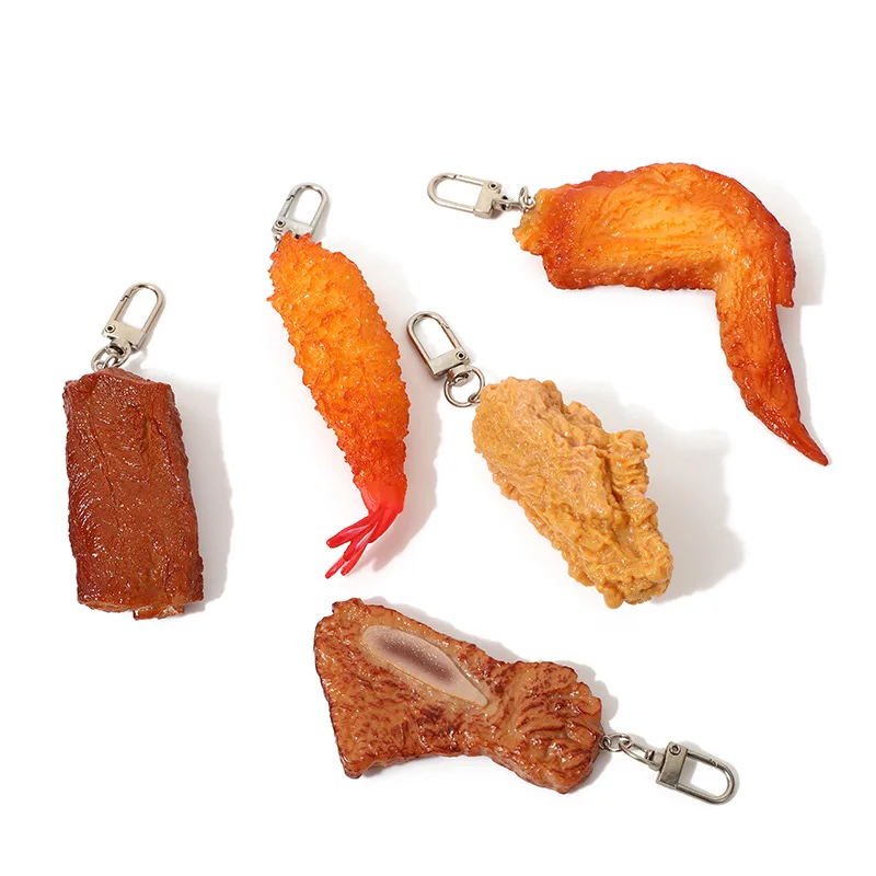 Simulated Meat Keychain Fried Chicken Fried Shrimp Food Toy Pvc Bbq Beef Skewer Food Model Prop Bag Pendant Key Chain Jewelry