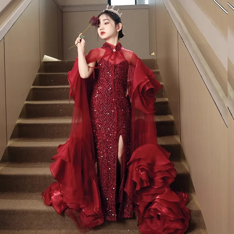 

Red Kids Girls Evening Dress with Long Train for Piano Performance Host Children Fashion Show Pageant Formal Celebration Gown