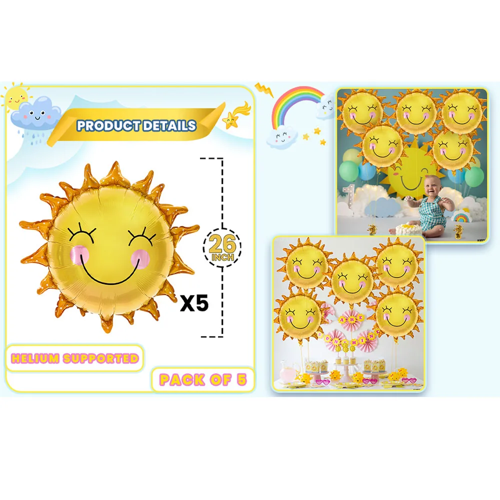 5Pcs 26Inch Smile Face Sun Balloons for Party Mylar Sunshine Balloons Summer Balloons for Sunshine First Birthday Decorations