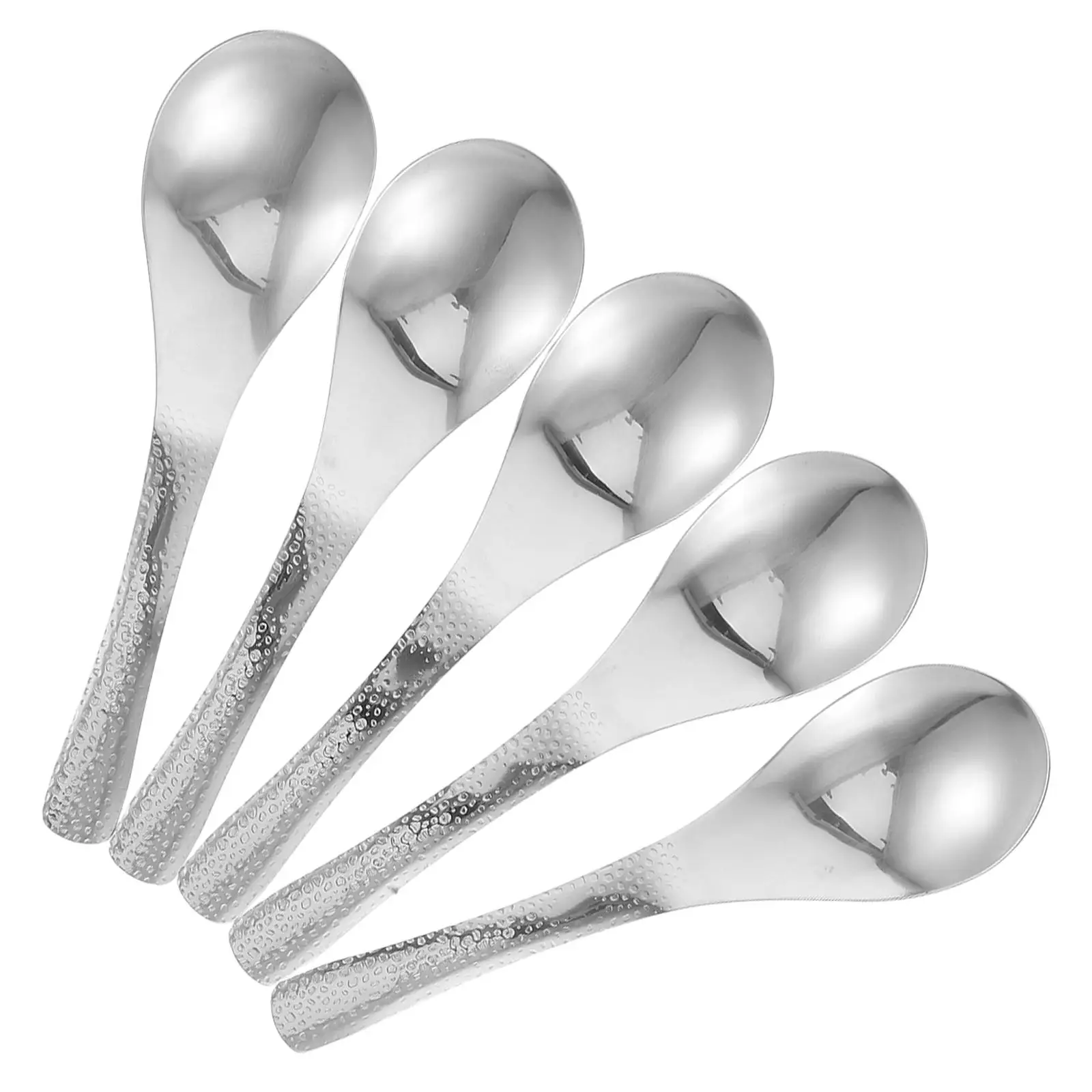 

5pcs Stainless Steel Spoons Round Bottom Hammered Design for Home Restaurant Serving Soups Rice Long Handle Silver Asian Kitchen