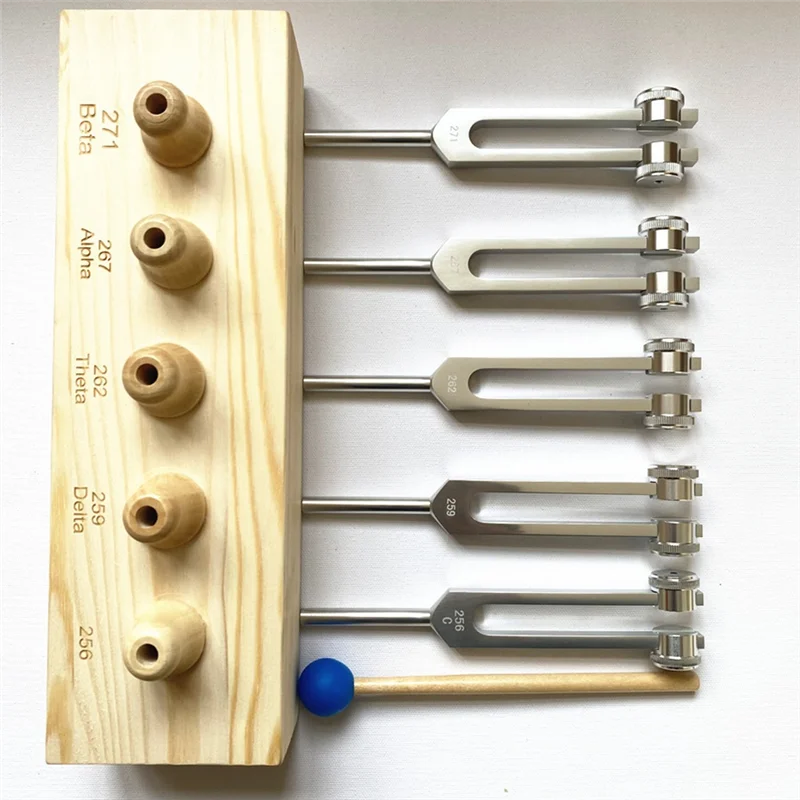 AA08-Brain Tuner 1Set Tuning Fork Set Of 5 For Delta Theta Alpha Beta With Wooden Voice Box For Sound Therapy