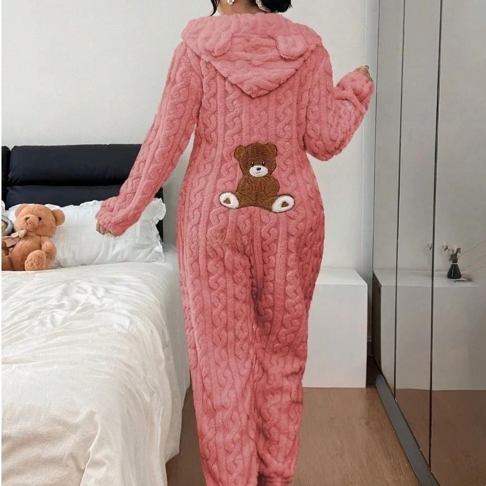 Kawaii Hooded Jumpsuit Romper Nightwear Long Sleeve Warm Loungewear Bodysuit Bear Ear Conjoined Pajamas Home Loungewear