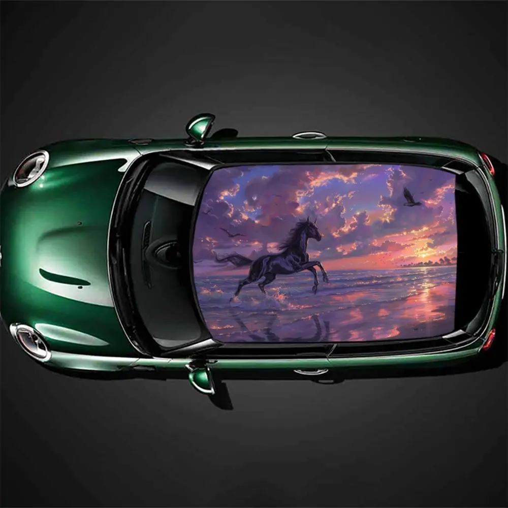 صورة ظلية للحصان الحالم: رسومات ركوبية مروحة مجانية بين أمواج البحر وأغطية فينيل السيارة المتوهجة المسائية، سيارة فينيل #1
