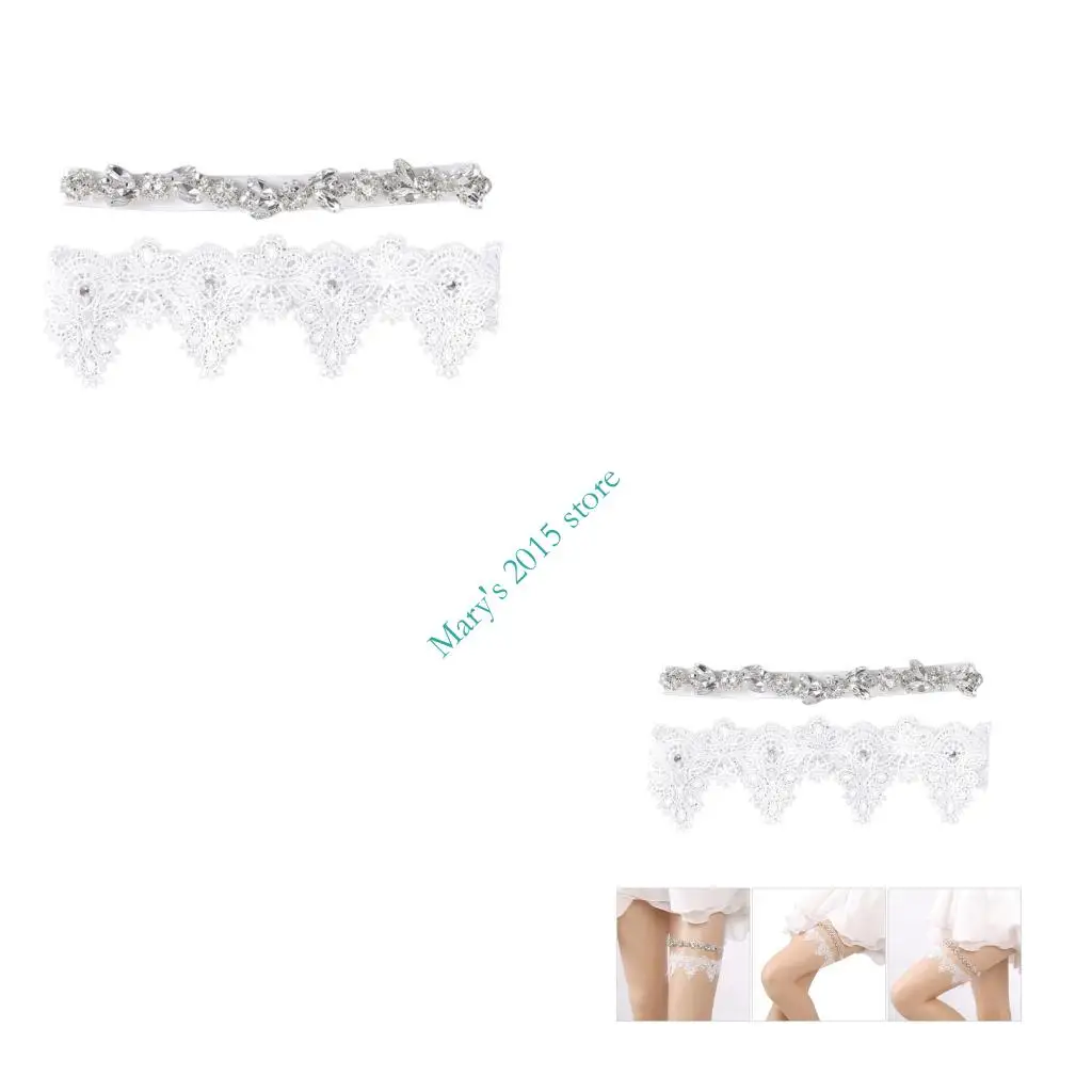 2PCS Elegant Bridal Garter with Rhinestones Decors for Wedding Ceremony Dressingup Lace Leg Garters for Special Event