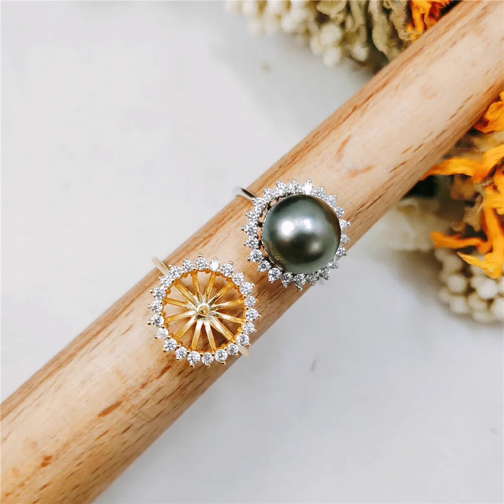 

S925 Silver Sterling Ring Inlaid Zirconia Half Hole Pearl Ring Base Resizable Design DIY Handmade Fine Jewelry Ring Accessories