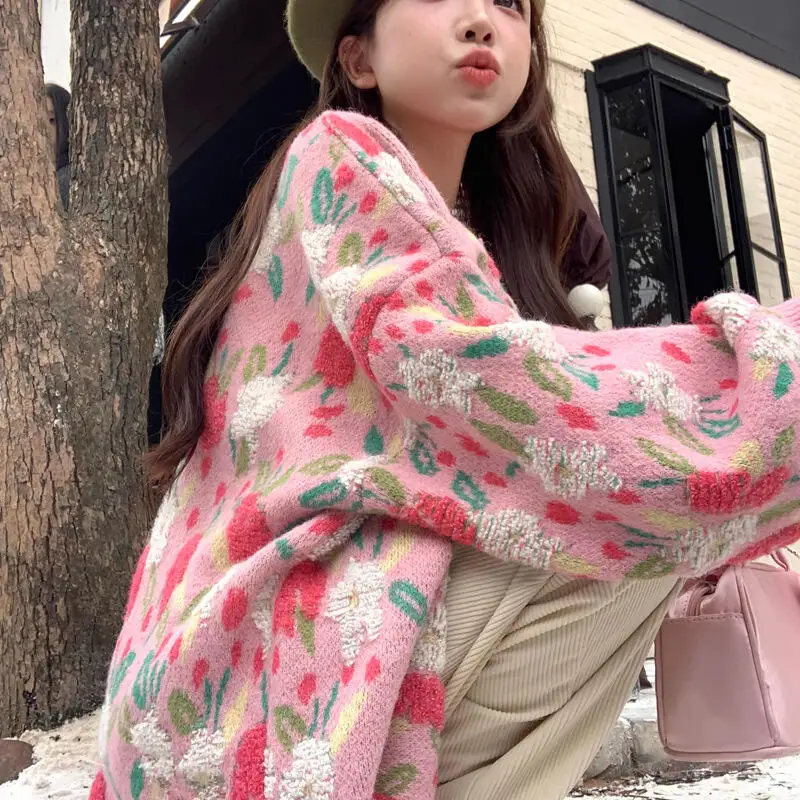 Prinzessin Rundhals Blume Strickjacke Junges Mädchen Mode Süße Lose Gestrickte Pullover Mantel Y2K Frühling Herbst Kleidung Tragen Draußen