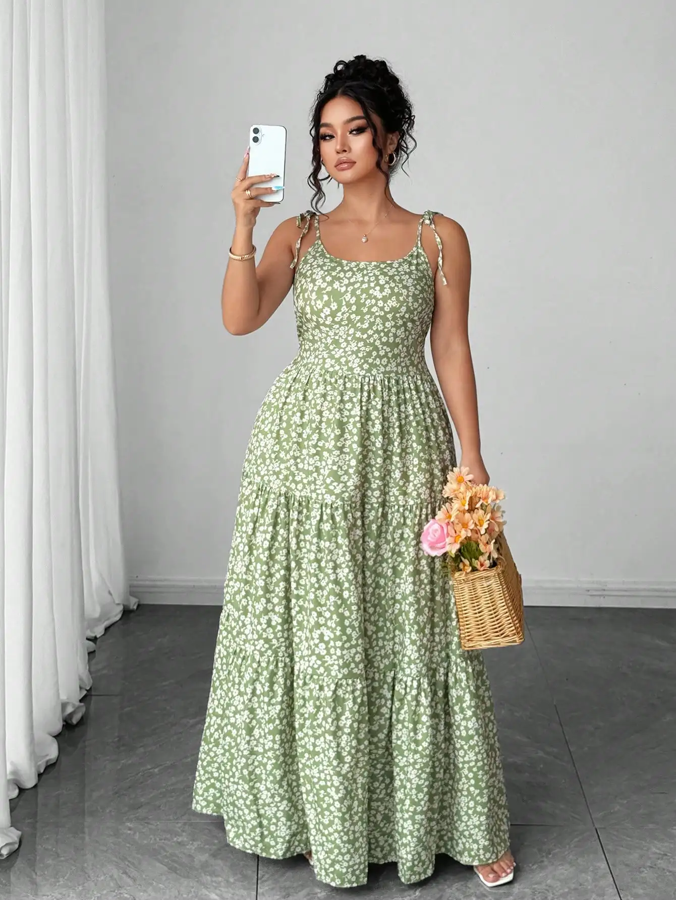 

Green Ditsy Floral Sleeveless Tiered Maxi Dress with Adjustable Straps