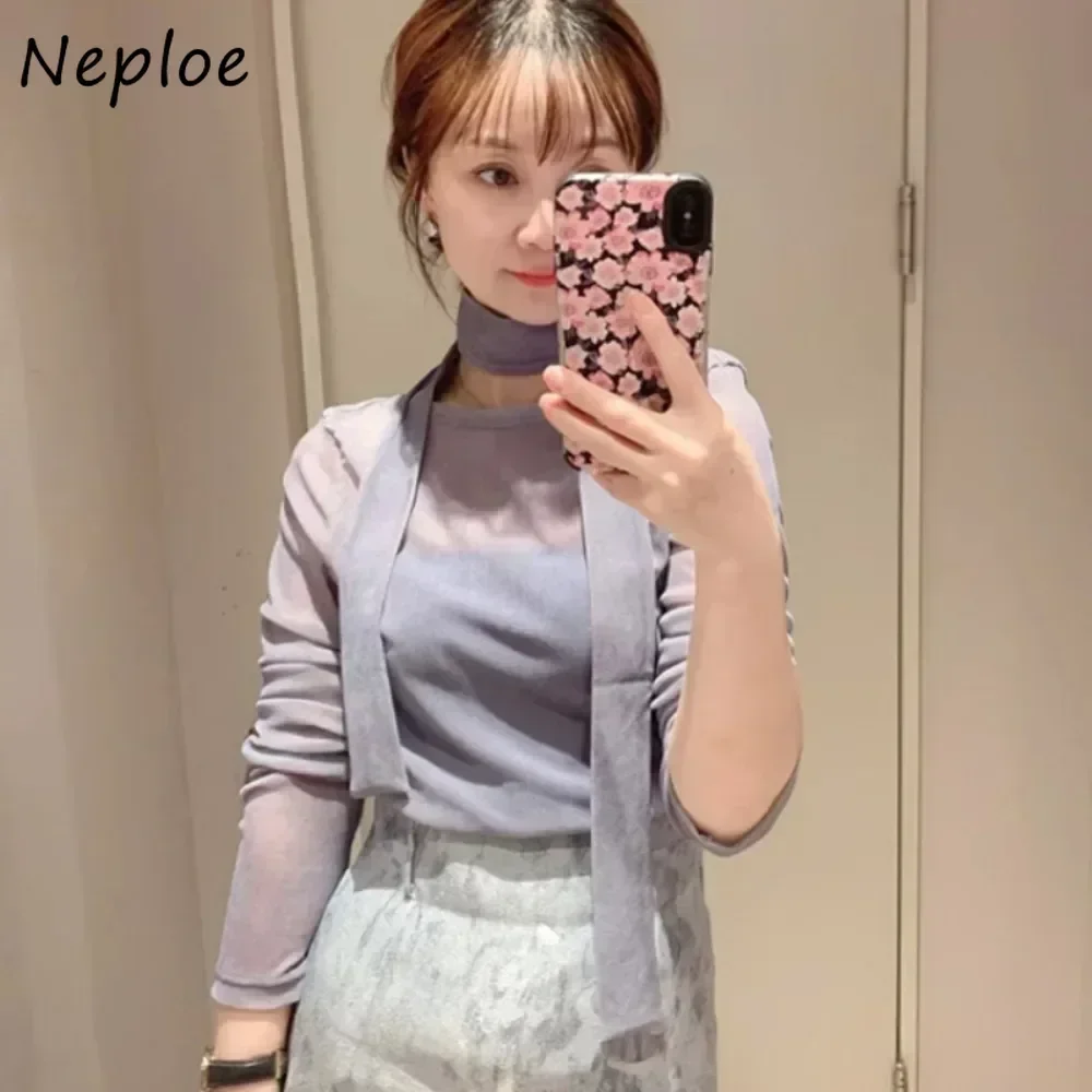 Neploe Solid Halter Long Sleeve All-match T-shirt Lace Up Hollow Out Simple Bottom Layer Ropa Mujer Japan New Sweet Women Tops