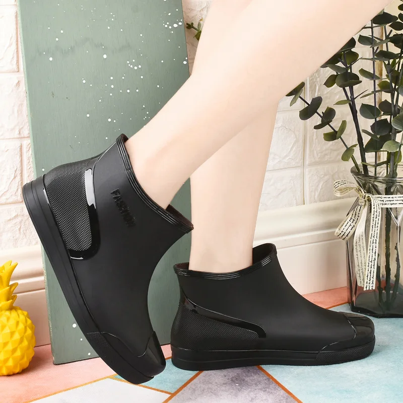 New Fashionable Low Cut Short Tube Rain Boots Women's Student Waterproof Anti-Slip Warm Fleece Lined Plastic Shoes