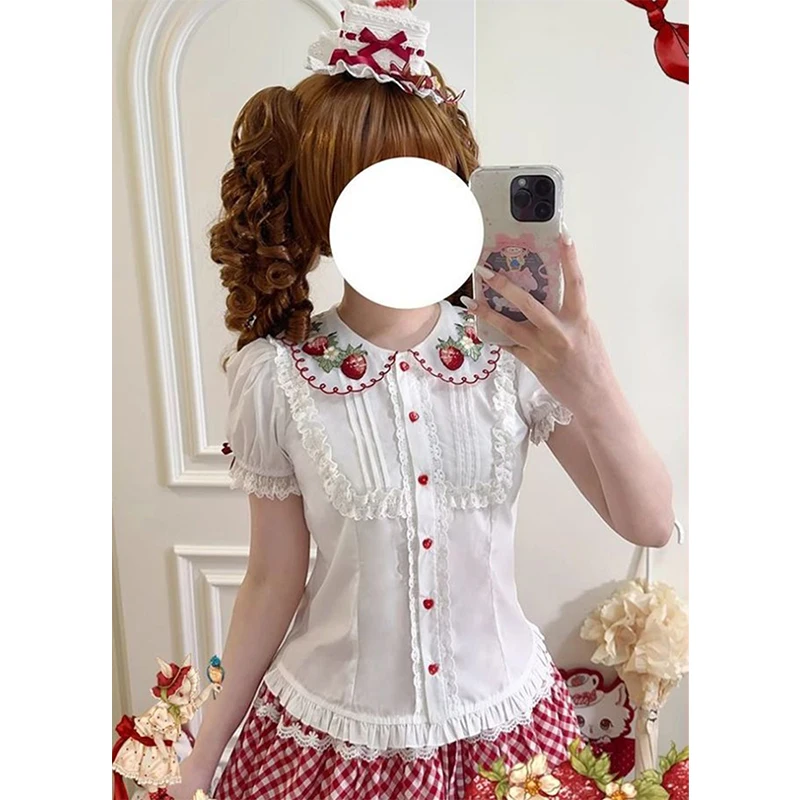 Kawaii White Shirts Women Lolita Cutecore Lace Print Blouses Summer Japanese Harajuku Peter Pan Collar Puff Short Sleeve Tops view 3