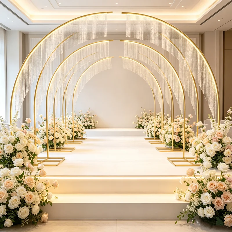2‑Piece Wedding Aisle Arch Decoration Set, Gold & White Beaded Flower Stand, Background Display Rack for Hall Stage Aisle Party - view 2