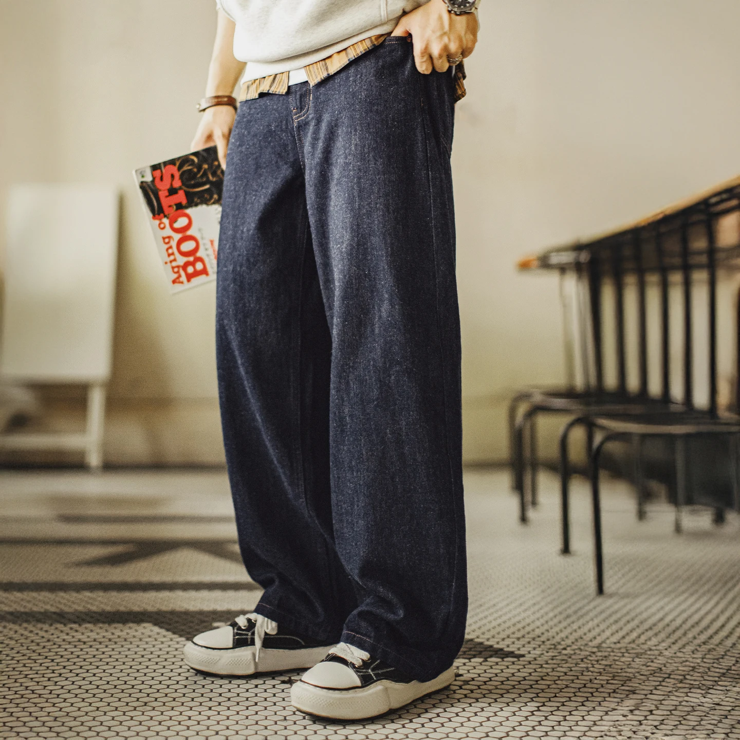 Męskie jeansy Maden w stylu vintage, 9.7oz, prosty krój, sprane na niebiesko, zapinane na zamek, codzienne spodnie na wiosnę i jesień.
