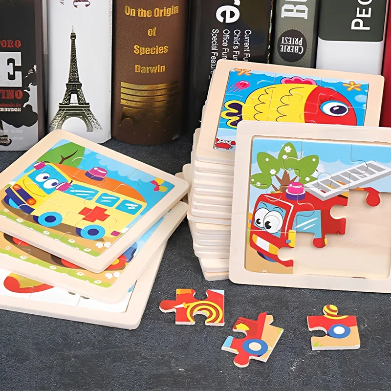 4 SZT. Drewniane Puzzle dla Dzieci Zestaw 11cm/4.33in Wzór Zwierząt i Pojazdów Kreskówkowych Zabawki Edukacyjne Montessori dla Dzieci Gry TMZ