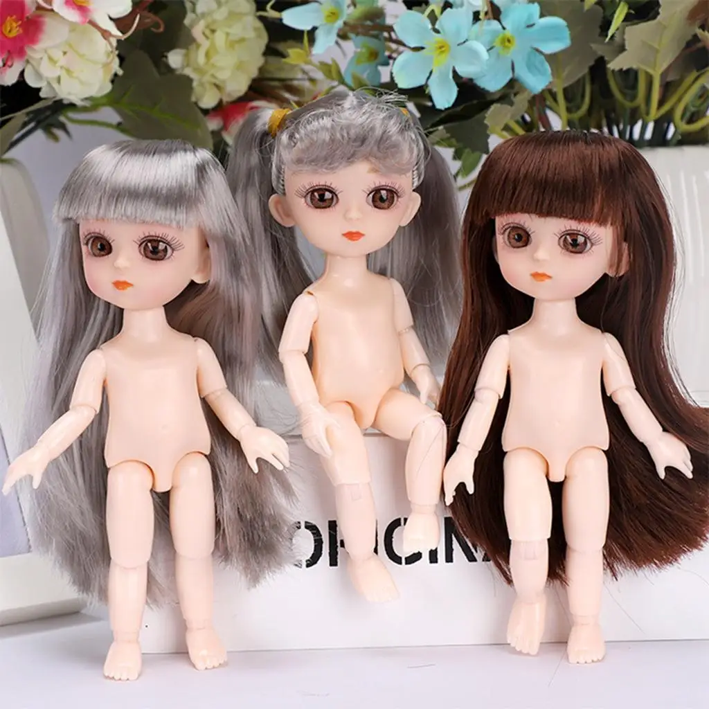 13 Joints 16cm Ball Jointed Doll Nude Body, with 3D Big Eyes and, for BJD Doll Custimizing DIY Making