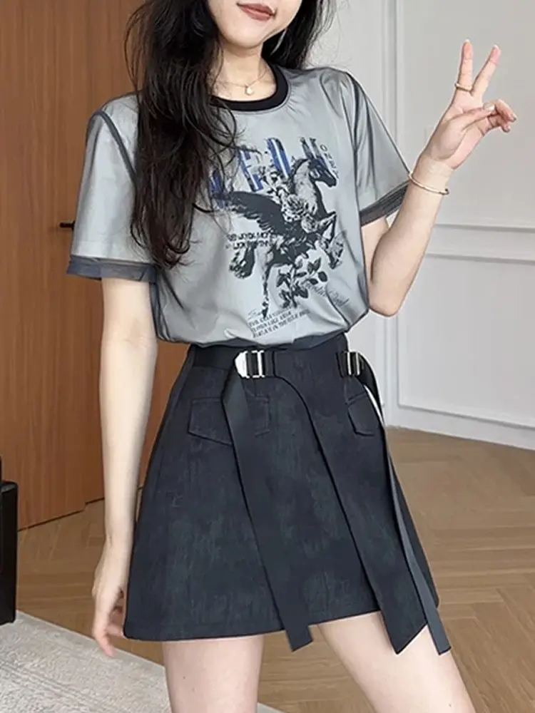 

Summer Fashion Women's round Neck Short Sleeve T-Shirt Mesh Skort Set Irregular Design Breathable Casual Style Student Work U...