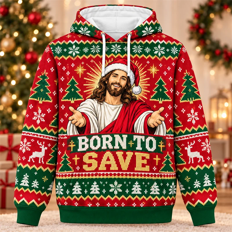 Vintage Xmas Hoodie Nativity Scene Angel Cross 3D Printed Ugly Sweater Winter Sweatshirt Casual Holiday Long Sleeve Hoodies Coat