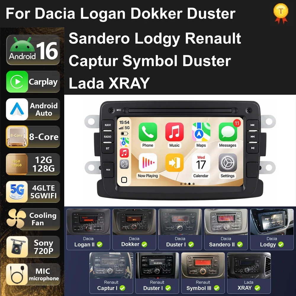 Car Radio Android 16 For Dacia Logan Dokker Duster Sandero Lodgy Renault Captur Symbol Duster Lada XRAY carplay auto dsp bt 4g