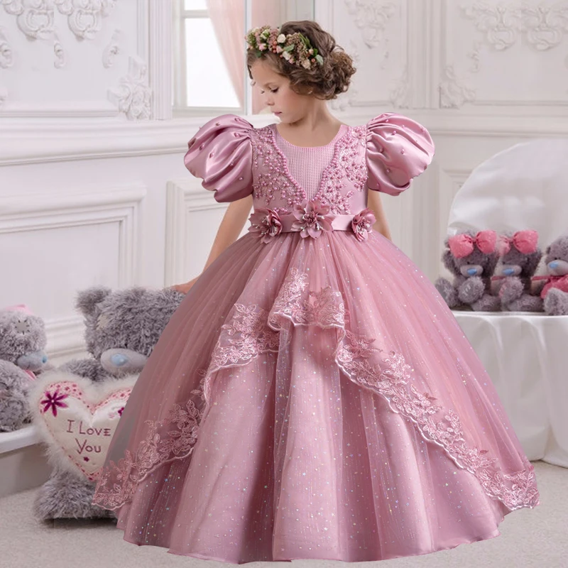 Girl\'s Pearl Bubble Sleeves Princess Dress 4-12 Years Old Fashionable Flower Lace Satin Dress Birthday Wedding Flower Girl Dress