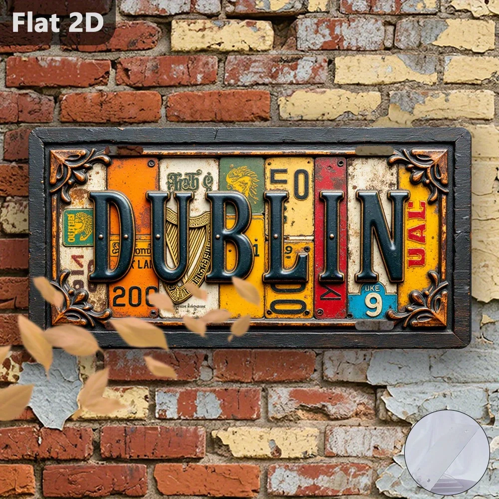 2D Flat, 1pc, Vintage Metal Sign, Decorative Plaque & Statues (30x15cm), Dublin Ornate Sign, Ireland, Pieces, Retro Metal Decor