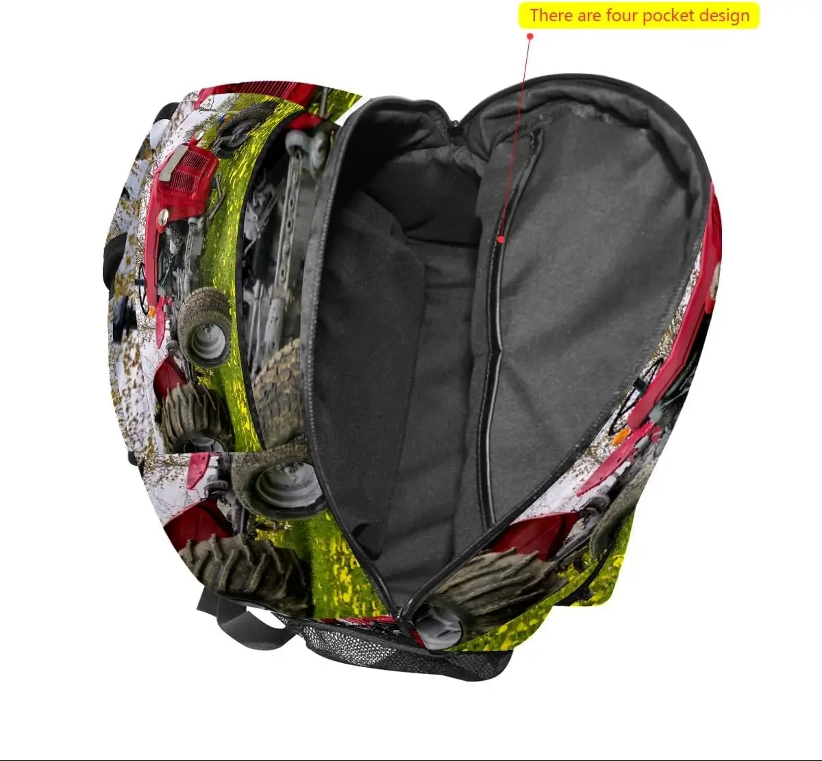 حقيبة ظهر حمراء للجرارات، طباعة مشهد الريف، حقيبة يومية واسعة مع جيوب شبكية، رائعة لمحبي الطبيعة والاستخدام الخارجي #6