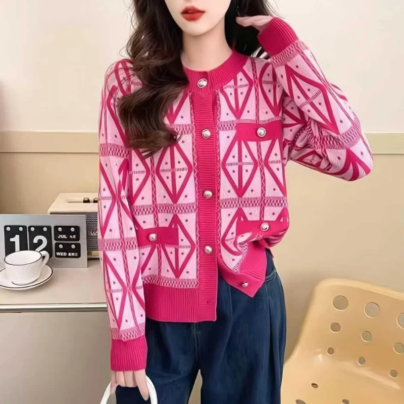 

Casual Geometric Button Loose Cardigan Spring Autumn New O-neck Knitting All-match Sweaters Top Elegant Vintage Women Clothing