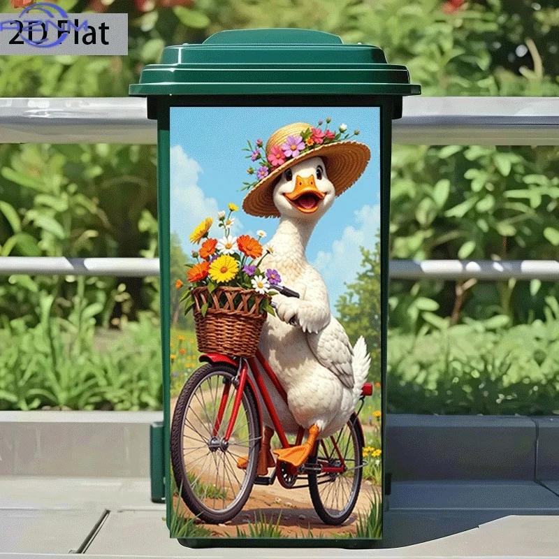 of Trash Can Sticker,  Featuring a Floral Duck Riding a Bicycle Theme Design, Self-Adhesive Wall Decoration Wallpaper for Kitc